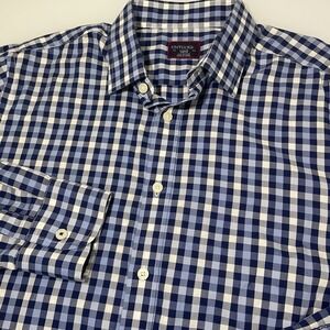 Untuckit Men's Large Slim Fit Cotton Button Down Shirt Blue White Check‎ LS